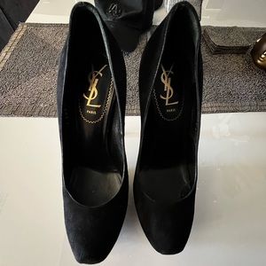 YSL Tribtoo Yves Saint Laurent Black Suede Platform Stiletto Pumps Size 37.5